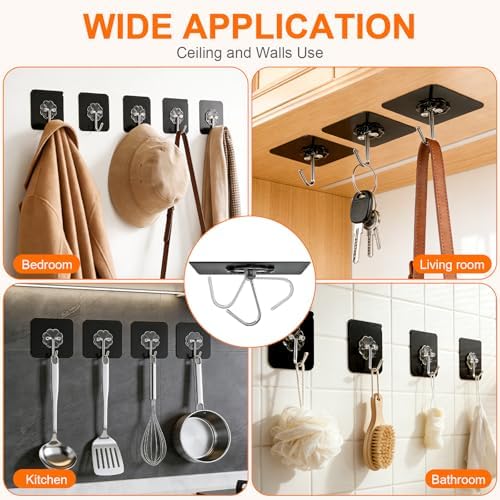 DDMY Black Heavy Duty Adhesive Hooks 2026 Upgraded 50lbs（Max） Sticky Wall Hooks for Hanging 12 Pack No Damage Hook