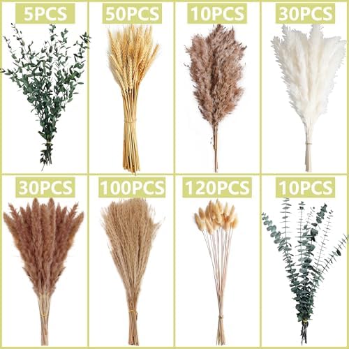 355PCS Dried Pampas Grass Bouquet Set – Dried Eucalyptus, Brown Pampas Grass & White Pampas Grass for Boho Baby Shower Decorations, Boho Wedding Decor, Pampas Grass Wall Decor, Home Decorations Modern