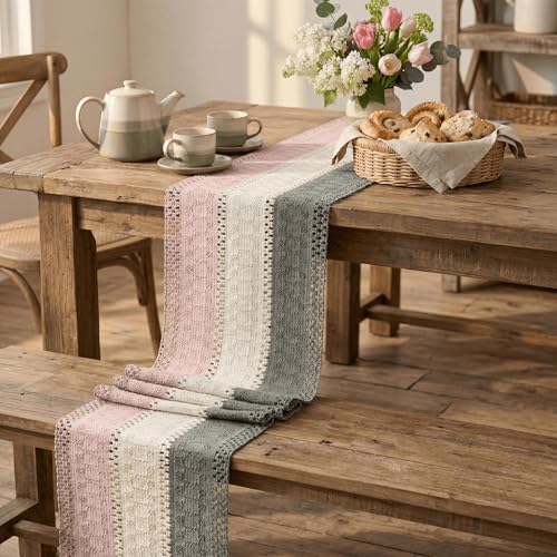 Artoid Mode Grey Beige Pink Farmhouse Rustic Table Runner 12x48 Inch