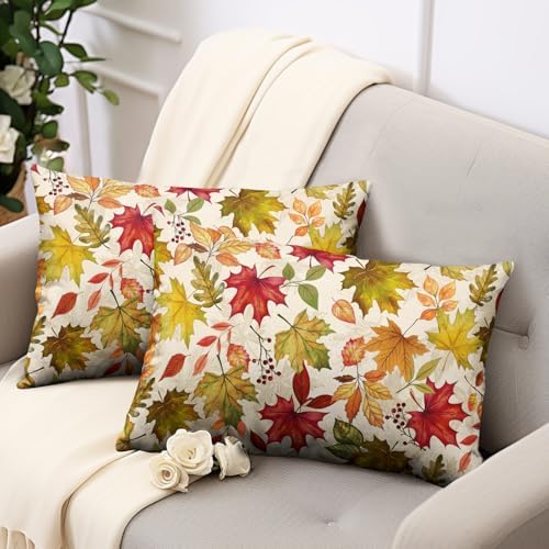 Fall Leaves Pillow Covers 12x20 Set of 2 Maple Leaf Autumn Lumbar Throw Pillows Seasonal Thanksgiving Harvest Pillowcase Rustic Farmhouse Cushion Case for Outdoor Couch Porch Patio