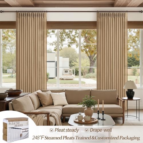 Pleated Linen Rust Brown Curtains 84 Inches Long 2 Panels Set for Bedroom, Memory Trained Pinch Pleat Light Filtering