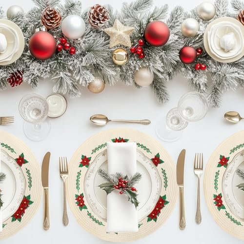 Whaline 4Pcs Round Christmas Flower Placemats Embroidered Xmas Poinsettia Place Mats Decorative Dinner Table Mats for Holiday Party Decor