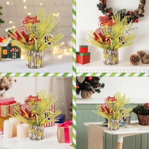 Small Table Top Christmas Tree with Lights, Mini Christmas Tree Decorations with Merry Christmas Candy Canes Pine Cones Berries Balls Ornaments for Home Party Centerpiece Decor, 12Inch, Green
