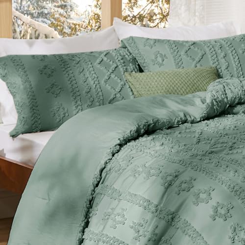 Bedsure Tufted Boho Comforter Set Full Size - Green Boho Bed Set, GentleSoft™ 3 Pieces Farmhouse-Style Embroidery