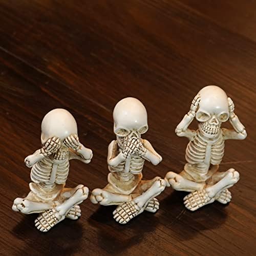 OwMell Set of 3 No Evil Skeletons Statue, Skull Figurine Gothic Home Décor