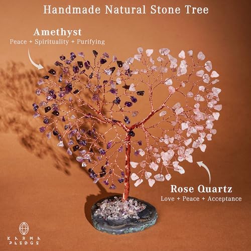 Handmade Healing Crystal Tree of Life Amethyst & Rose Quartz Chakra Tree for Money, Good Luck, Feng Shui Home Decor