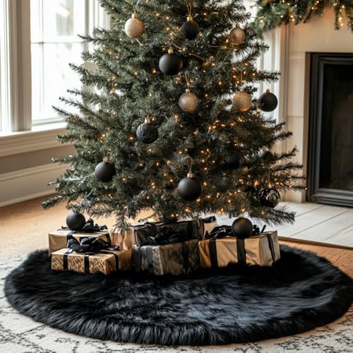 AISENO 30 Inch Black Faux Fur Christmas Tree Skirt - Halloween Tree Skirt Plush Holiday Decor for Xmas Tree, Festive Party, Home Decorations