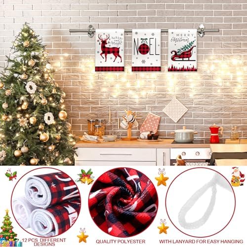 VitalCozy 12 Pcs Buffalo Plaid Christmas Kitchen Towels, 14.2 x 21.3 in