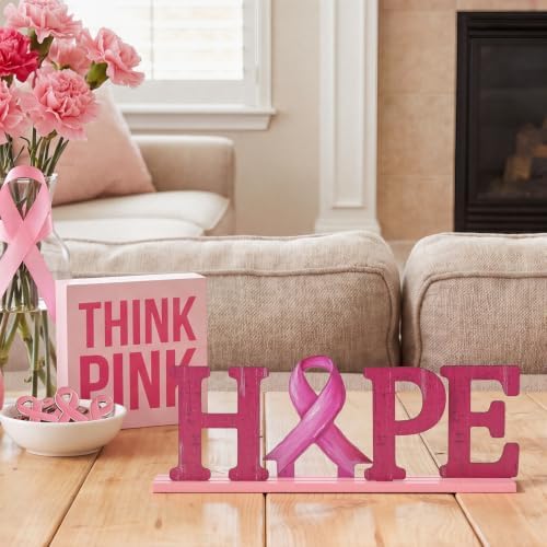 Smile Breast Cancer Awareness Wooden Standing Decor, HOPE Letters Pink Ribbon Tiered Tray Tabletop Signs with Stands for Home Office Decorations