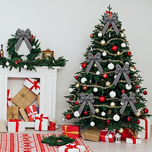 Xinnun 6 Pcs Christmas Burlap Bows Wreath Bows,Striped Style,Black, White