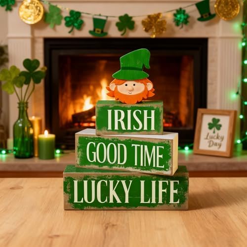 St. Patrick’s Day Decorations - St Patrick Day Irish Good Time Tiered Tray Decor Set - Wooden Leprechaun Tabletop Decoration - Rustic Farmhouse Holiday Home Decor for Indoor Shelf Mantel Coffee Table Gift