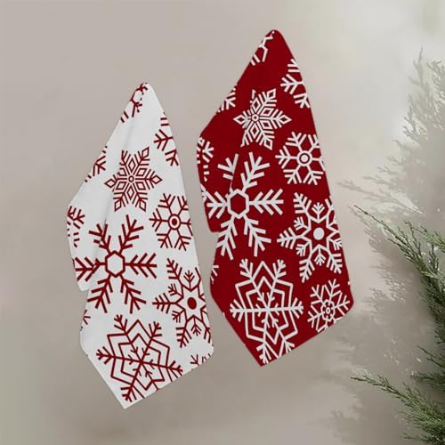 JOOCAR Christmas Snowflake Kitchen Towels Dish Towels Set of 2, 16x27 Inch Seasonal Soft Drying Dishcloth, Red and White Decoration Hand Towels