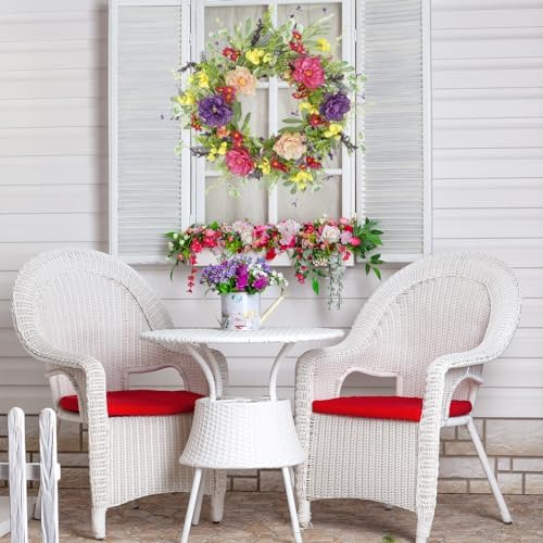 WreathDream Artificial Spring Summer Wreath Peony Wreaths for Front Door with Olive Leaf,Eucalyptus Leaf,Daisy,Lavender for Indoor Outdoor Wall Festival Home Farmhouse Wedding Decor