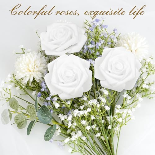 BLEUM CADE 16Pcs Artificial Flowers Fake Foam Roses with Stems for Wedding