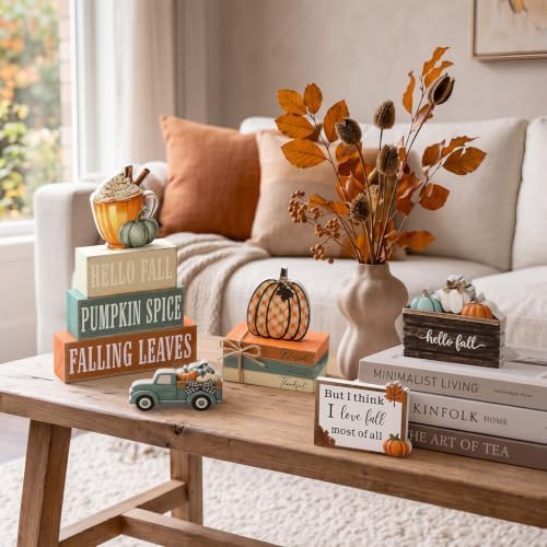 11 Pcs Fall Coffee Table Decor for Home, Wooden Pumpkin Spice Signs