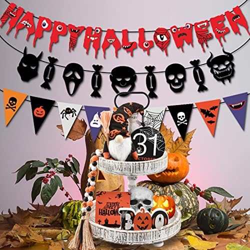 Halloween Tiered Tray Decor Indoor Decorations - Boo Wooden Sign Cute Gnomes Plush and Bead Garland - Farmhouse Rustic Tray Decor Set for Home Table Desk Room