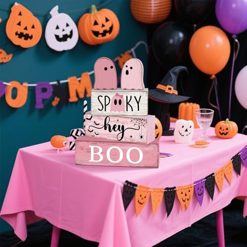 Lineshading 4 Pcs Pink Halloween Tiered Tray Decor, Wooden Ghost Signs