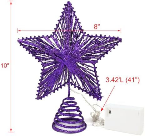CVHOMEDECO. Purple Glittered 3D Tree Top Star with Warm White LED Lights and Timer for Christmas Tree Decoration and Holiday Seasonal Décor, 8 x 10 Inch