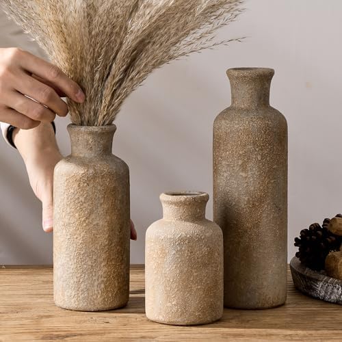 Ceramic Rustic Farmhouse Vase / Imitation Wood Color / Set of 3