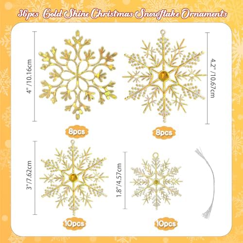 36pcs Gold Shine Christmas Snowflake Ornaments, Plastic Glitter Hanging Snow Flakes for Christmas Tree Decorations Winter Wonderland Frozen Birthday Party Holiday Home Decor
