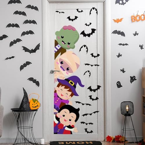 44.88 X 15.75 Inch Halloween Door Sticker Cute Witch Vampire Mummy Green Monster Stickers Halloween Party Bar Decal for Door Window Wall Decoration