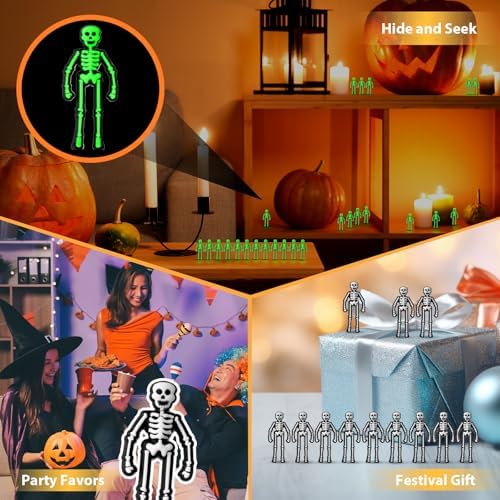Simgoing 100 Pcs Halloween Mini Skeleton Decoration Glow in the Dark Skeleton Bulk Luminous Tiny Figurine to Hide and Seek Small Skull Toy for Halloween Haunted House Party Favor Decor (White)