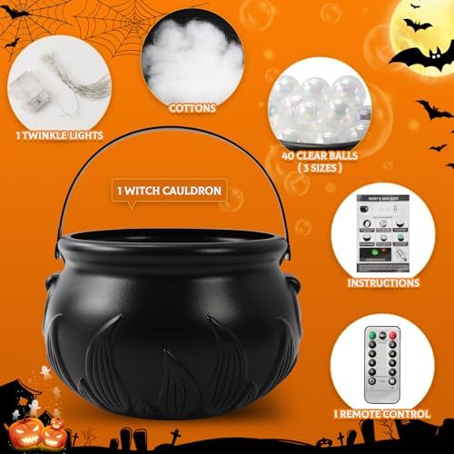 Halloween Decorations Indoor - DIY Witches Bubbling Cauldron Set with Light, Halloween Hocus Pocus Party Decor Black Witch Plastic Cauldron Bowl Pot Decorations for Table Mantle