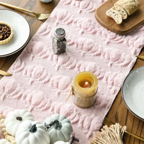 Artoid Mode Pink Soft Faux Fur Pumpkins Fall Table Runner 13x72 Inch