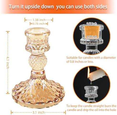 Amber Glass Candlestick Holders, Taper Candle Holders, Set of 6