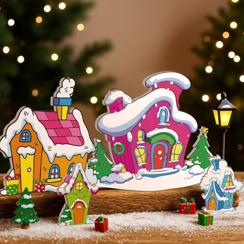 Roowest 4 Pcs Christmas Table Centerpieces, Village Tabletop Xmas Decor Set