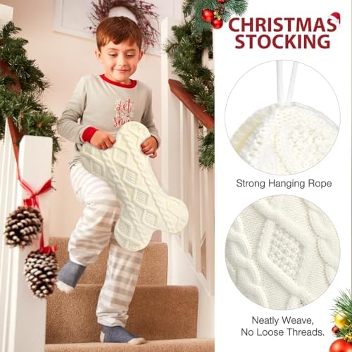 Hommtina Dog Christmas Stocking, Bone Shape Christmas Stocking for Dogs, Xmas Fireplace Hanging Stockings for Pets, Knit Dog Stockings Christmas Decorations(Bone, Classic White)