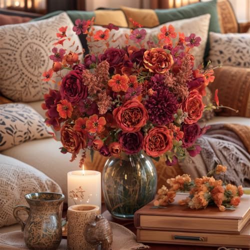 Mixed 8pcs Fall Artificial Peony Hydrangea Bouquet, Coffee Brown Silk Faux Flower, Autumn Faux Floral Arrangements for Wedding Table Thanksgiving Outdoor Planters Porch Patio Garden Yard