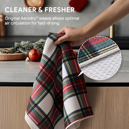 RECYCO Christmas Waffle Kitchen Towel Set of 2 - Quick Dry Microfiber Sustainable Dish Towels - Ultra Absorbent Reusable Cleaning Tea Towels - Lightweight Hand Towels,16”x 28”, Plaid