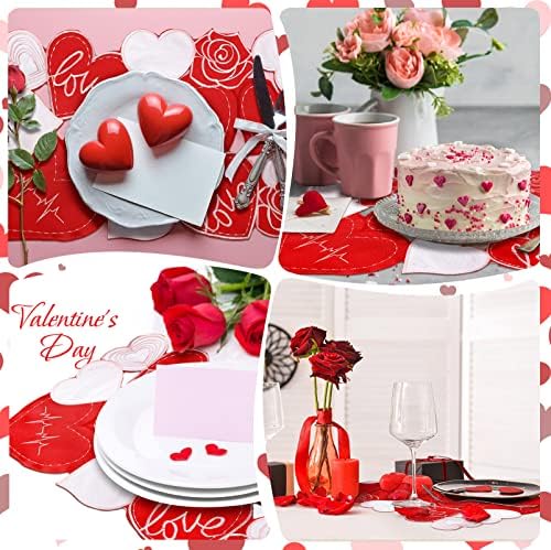 6 Pcs 11 x 17 Inch Embroidered Valentine's Day Placemats Applique Heart Placemats Red Rose Floral Love Heart Table Mats for Wedding Party Dining Table Decoration