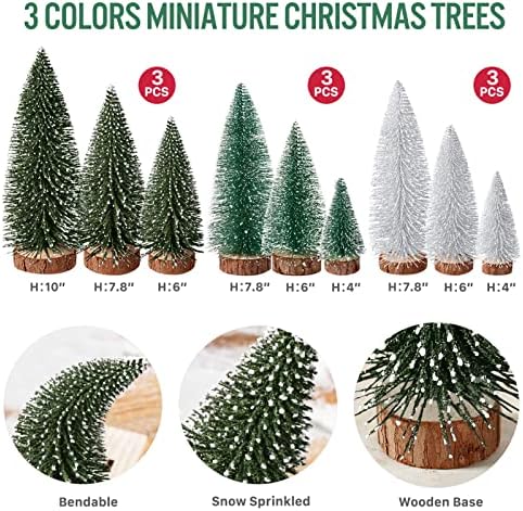 9Pcs Mini Christmas Trees Christmas Decor Artificial Christmas Decorations with 4 Sizes, Christmas Tree Bottle Brush Trees Christmas Table Decorations (Green Silver)