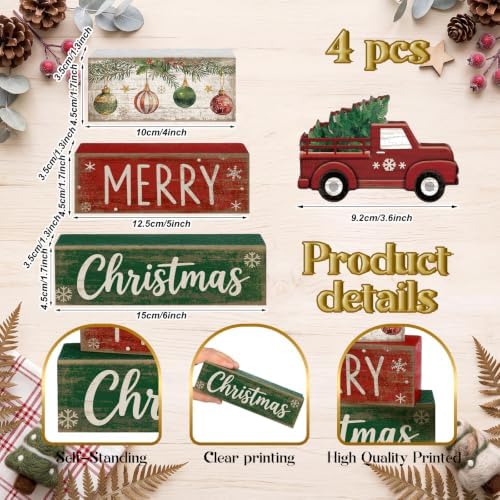 Lineshading 4 Pcs Christmas Table Decor, Red Truck Tree Block Sign Home