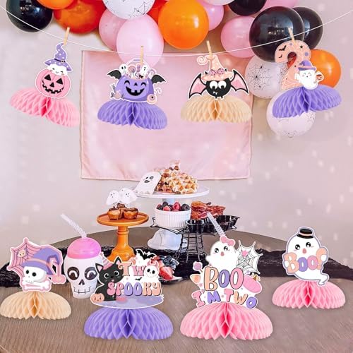 Pink Purple Halloween 2nd Birthday Decorations Girl 8pcs Halloween 2nd Birthday Honeycomb Centerpieces Table Decoration Two Spooky Birthday Decoration Table Topper Halloween Second Birthday