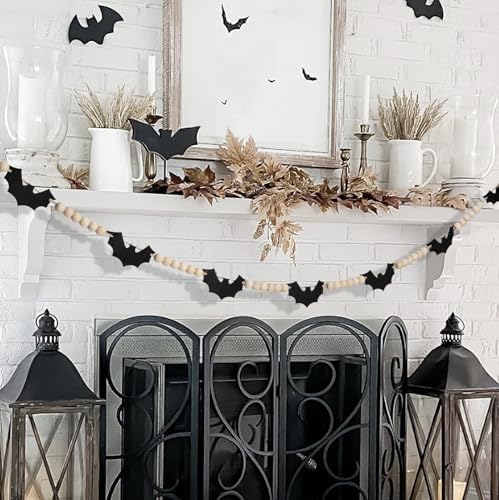 Halloween Decorations-Black Felt Bats Wood Beads Garland