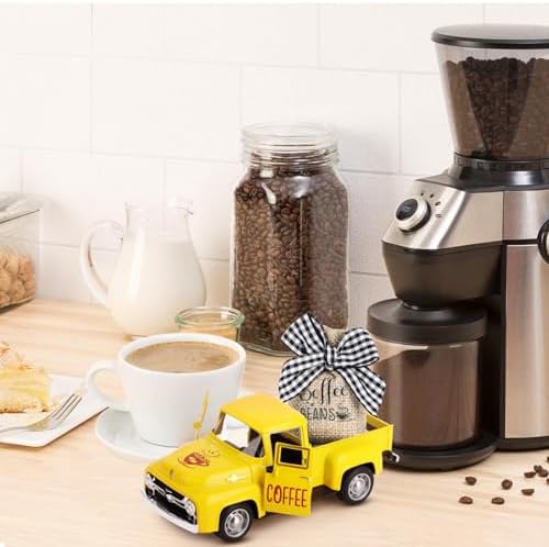 Hooqict Coffee Bar Decor Mini Metal Yellow Truck with Coffee Beans Burlap Sack for Summer Fall Home Farmhouse Kitchen Tiered Tray Decor Coffee Bar Accessories Coffee Station Decoration