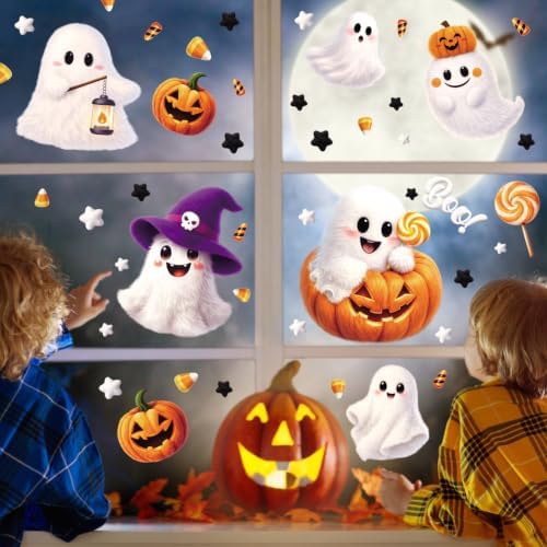 SULOLI 8 Sheet Halloween Window Clings, Plush Ghost Reusable Window Decals