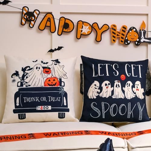 Hongsome Ghost Halloween Decor-Throw Pillow Covers 18x18 in Set of 4,Spooky Gothic Linen Pillow Case for Couch Fall Christmas Holiday Outdoor Burnt Orange Black White Decorations
