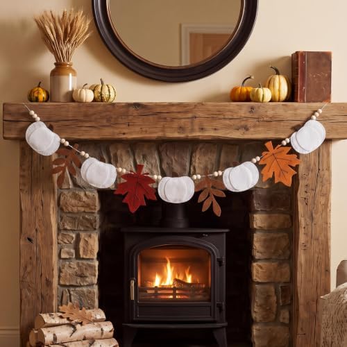 Frienda 8.2 ft Fall Pumpkin Garland with Maple Leaves Wood Beads Felt Decor