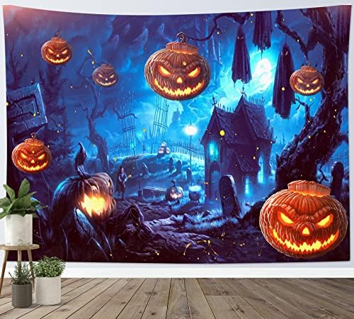 HVEST Halloween Tapestry Terror Pumpkin Jack-O-Lantern Wall Decor Night Spooky Jungle Tapestry Hunted House Picture Wall Art for Bedroom Home Dorm Halloween Decor 60Wx40H inches