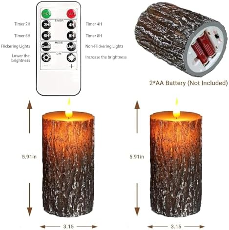 Pine Bark Flameless Candles Set of 2, Christmas Candles with Remote & Timer