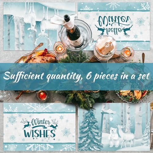 Hushee 6 Pcs Christmas Placemats Elk Winter Washable 12x18 Inch