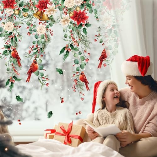 Whaline 9 Sheets Christmas Floral Window Cling Stickers Hanging Poinsettia Flowers Eucalyptus Leaves Reusable Window Decals for Xmas Winter Party Home Office Classroom Decoration