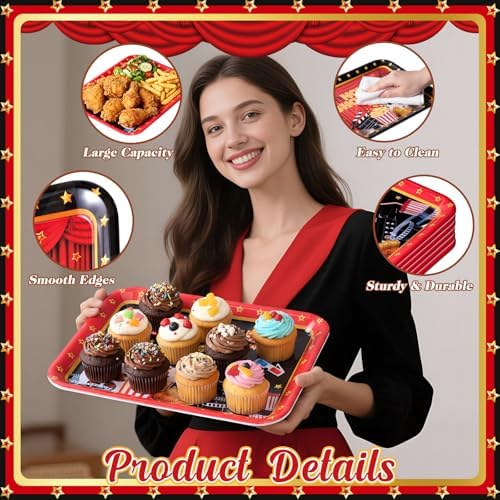 Vesici 4 Pack Movie Night Melamine Serving Trays, 13 x 10 Inch Rectangular Cinema Snack Platters with Popcorn & Film Designs, Durable Serving Plates for Home Theater, Parties & Appetizers