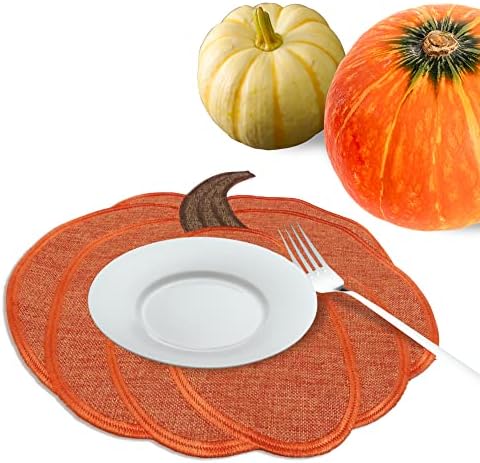 OWENIE Thanksgiving Harvest Pumpkin Placemats 15 x 15 Inch, Set of 4, Embroidered Diecut Place mats, Fall Autumn Home Decorations, Orange Table Mats for Halloween Kitchen Dinning Room, 15 Inch Round
