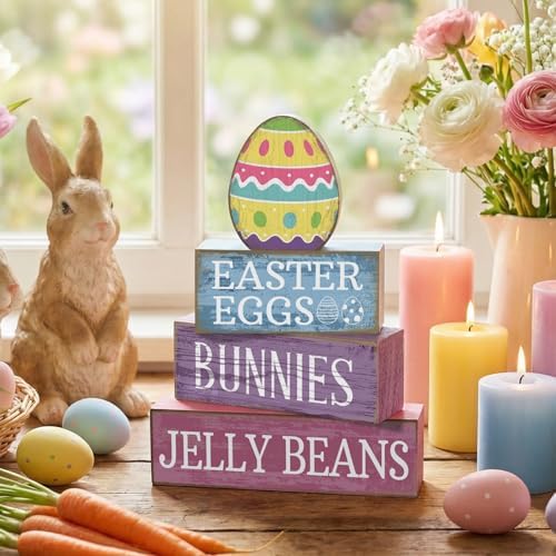 Lineshading 4 Pcs Easter Block Signs, Farmhouse Tiered Tray Decor Wooden