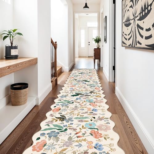 Hallway Floral 2'6x14 Runner Rugs: Washable Scalloped Soft Carpet with Non-Slip Backing for Entryway Kitchen